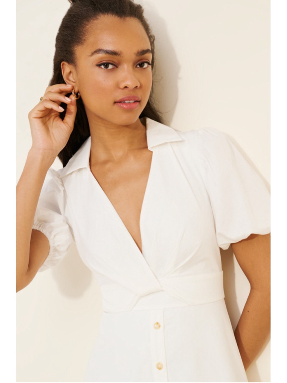 Women's Hutch White Puff Sleeve Twist Front Collared Midi Dress Size 0 - Picture 3 of 9